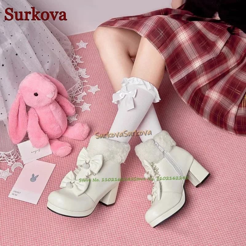 Inverno Bowknot Plus Stivaletti corti in velluto Punta tonda Tacco spesso Cerniera laterale Lolita Stivaletti corti Stivale da donna alla moda per cena