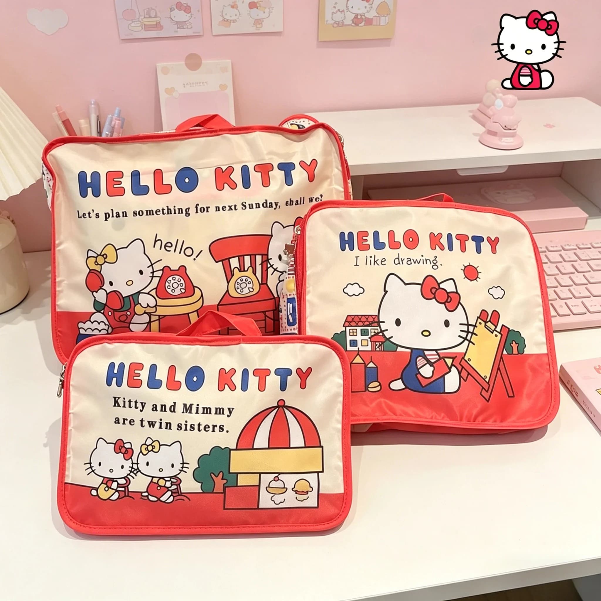 Set da Viaggio Tre Pezzi HelloKitty, Borsa per il Trucco, Borsa per Lingerie e Accessori, Borsa Portaoggetti, Regalo Anime