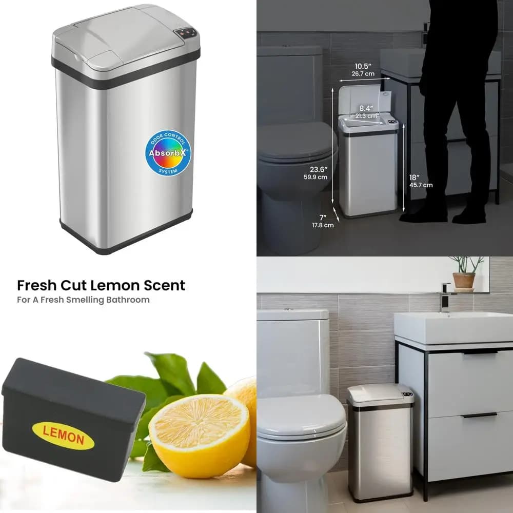 Pattumiera in acciaio inossidabile da 15 litri con coperchio e controllo degli odori per bagno, piccolo cestino dei rifiuti, tecnologia ad attivazione dell'aria
