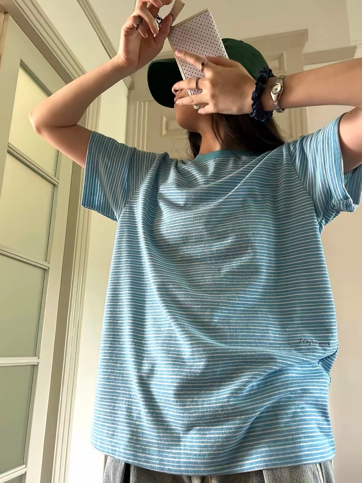 Loose Fit round Neck Short Sleeve T-Shirt Unisex Summer Casual Comfortable Breathable Blue White Stripes Korean Style Top