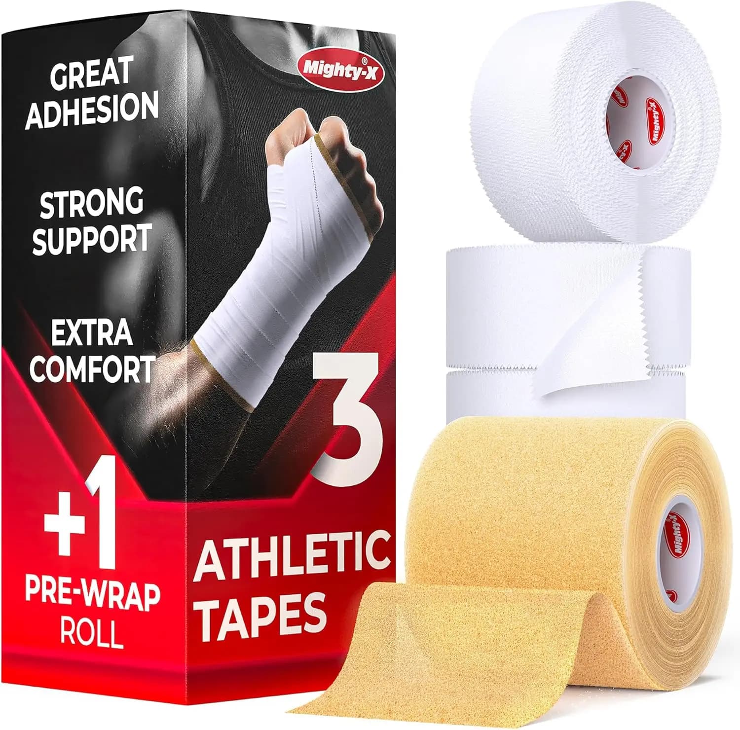 Confezione da 3 Nastri Atletici Bianchi con Pre-Wrap, Facili da Strappare, Senza Residui, Ossido di Zinco, Supporto per Caviglia e Polso