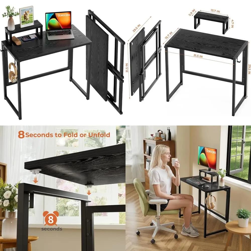 31.5 inch compact folding desk with monitor support - Home office space saving writing table