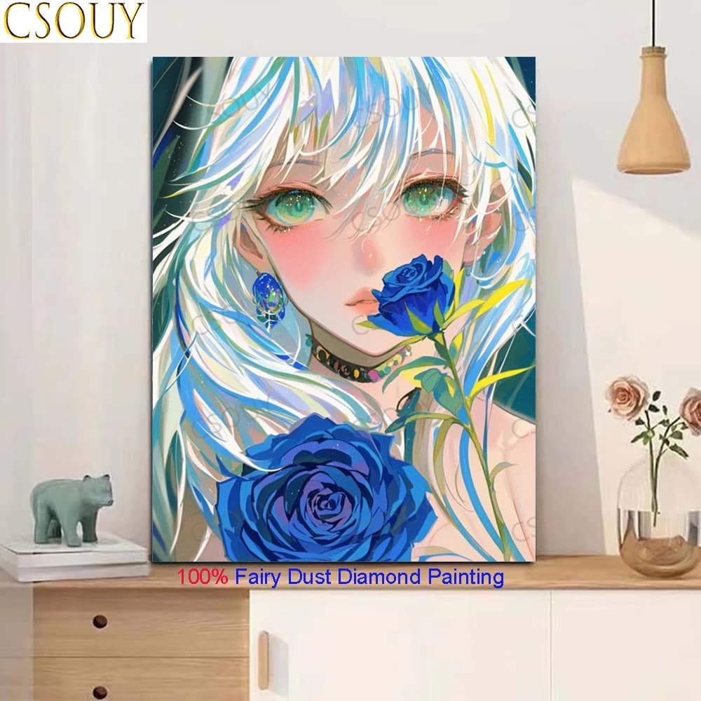 100% Fairy Dust Diamond Painting Blue Scenery Kit Square Drill Crystal Cross Stitch Embroidery Mosaic Needlework Rhinestons Home
