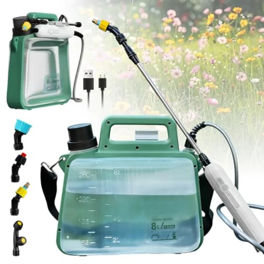 Spruzzatore da Giardino a Batteria 2 Galloni 2500mA, Spruzzatore Elettrico per Erbicidi con Manico Ricaricabile USB e 4 Ugelli Nebulizzatori Regolabili