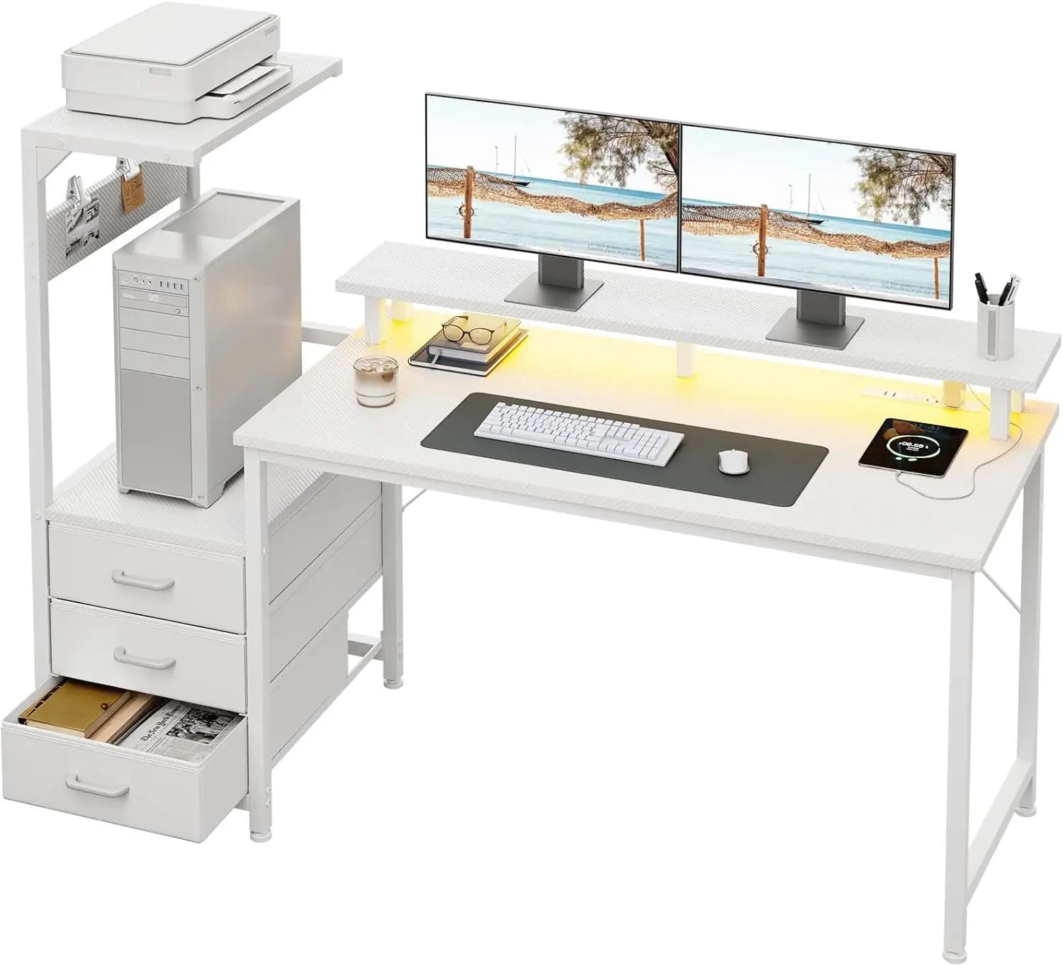 Scrivania da Gaming da 59 Pollici con Porte USB e Luce LED - Scrivania per Computer Reversibile con Ripiani Portaoggetti e Supporto Monitor, Design Moderno