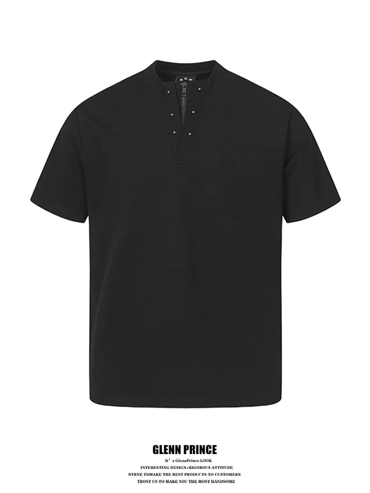GPstudio Men's Short Sleeve T-Shirt Zipper Henry Collar Fashionable Rivet Half Zip Summer High-End Feeling Cool Sleeve T-Shirt
