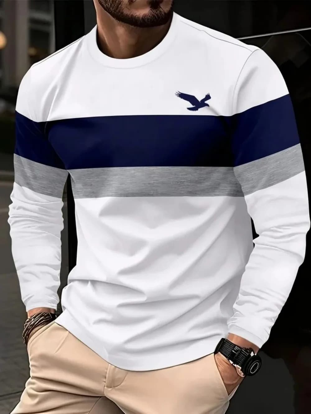 Fashionable new men's autumn striped letter printed micro elastic comfortable round neck long sleeved T-shirt outdoor casual top