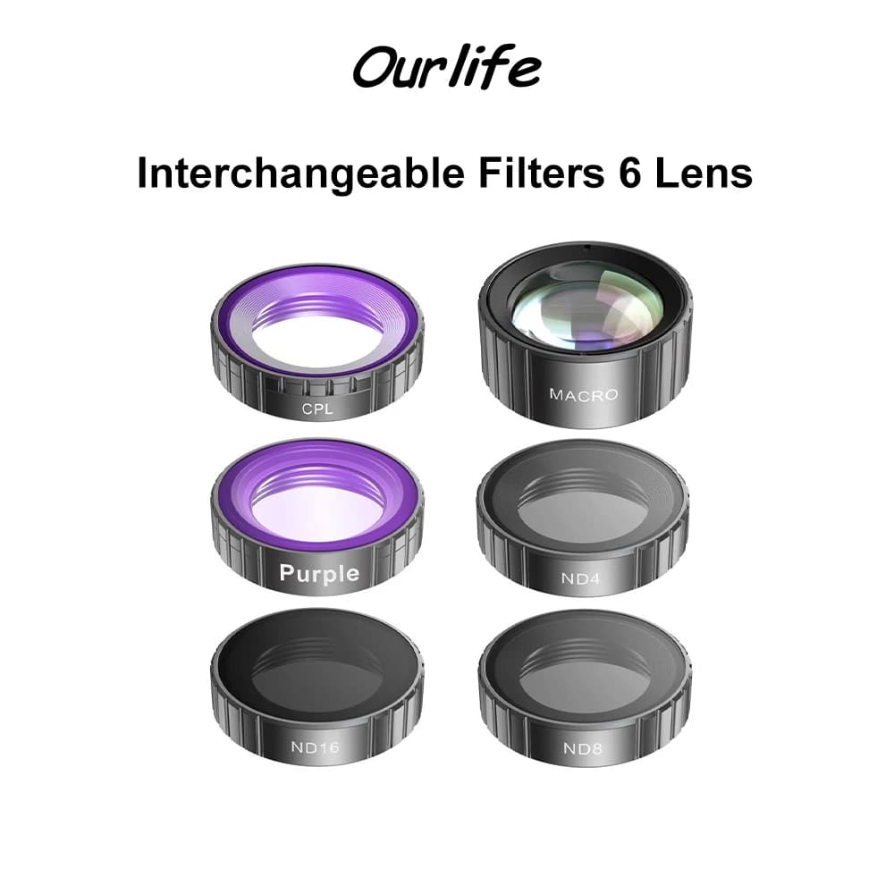 Set of interchangeable filters Ourlife Pack of 6 CPL (polarizing)/Puple/Macro/ND4/ND8/ND16 Action camera compatible with filter MTR80 MTR81