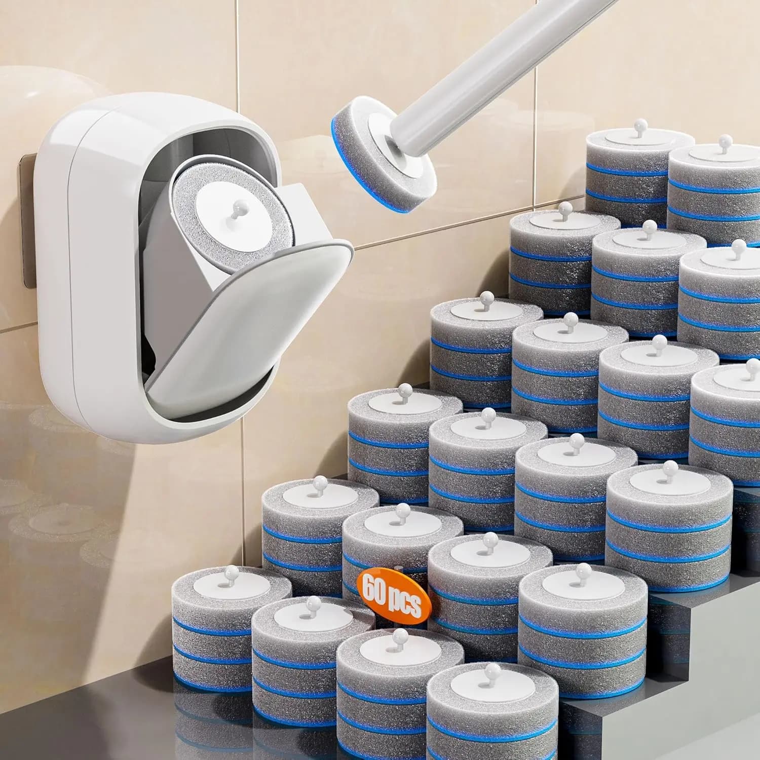 Set di Spazzole per WC Usa e Getta con 60 Testine di Ricambio, Scatola di Stoccaggio con Apertura Automatica per Bagno, Camper