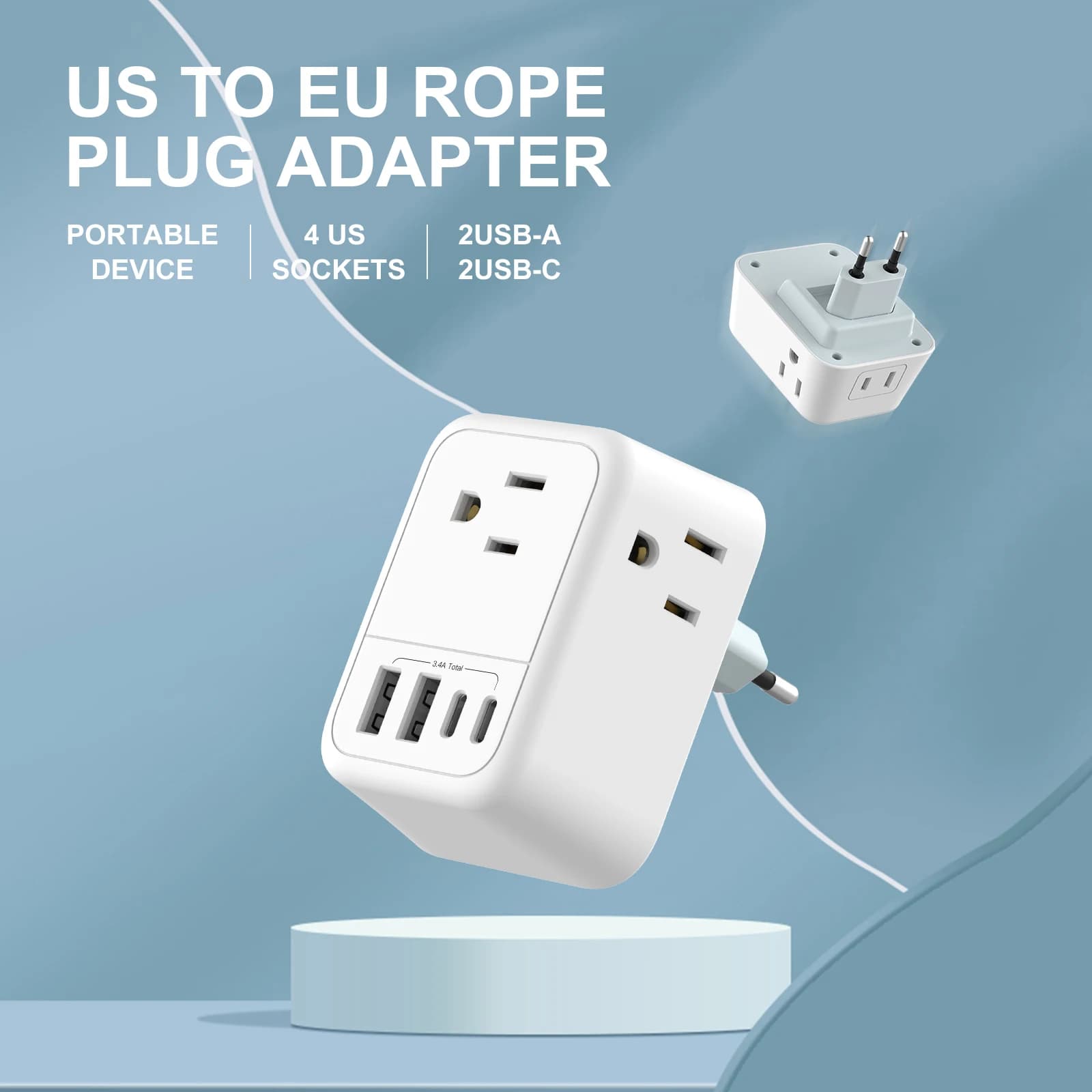 1PC Plug Adapter from US to EU Travel Plug Converter Euro with 4 AC sockets 4 USB ports Wall sockets for United States to most of Europe France DE