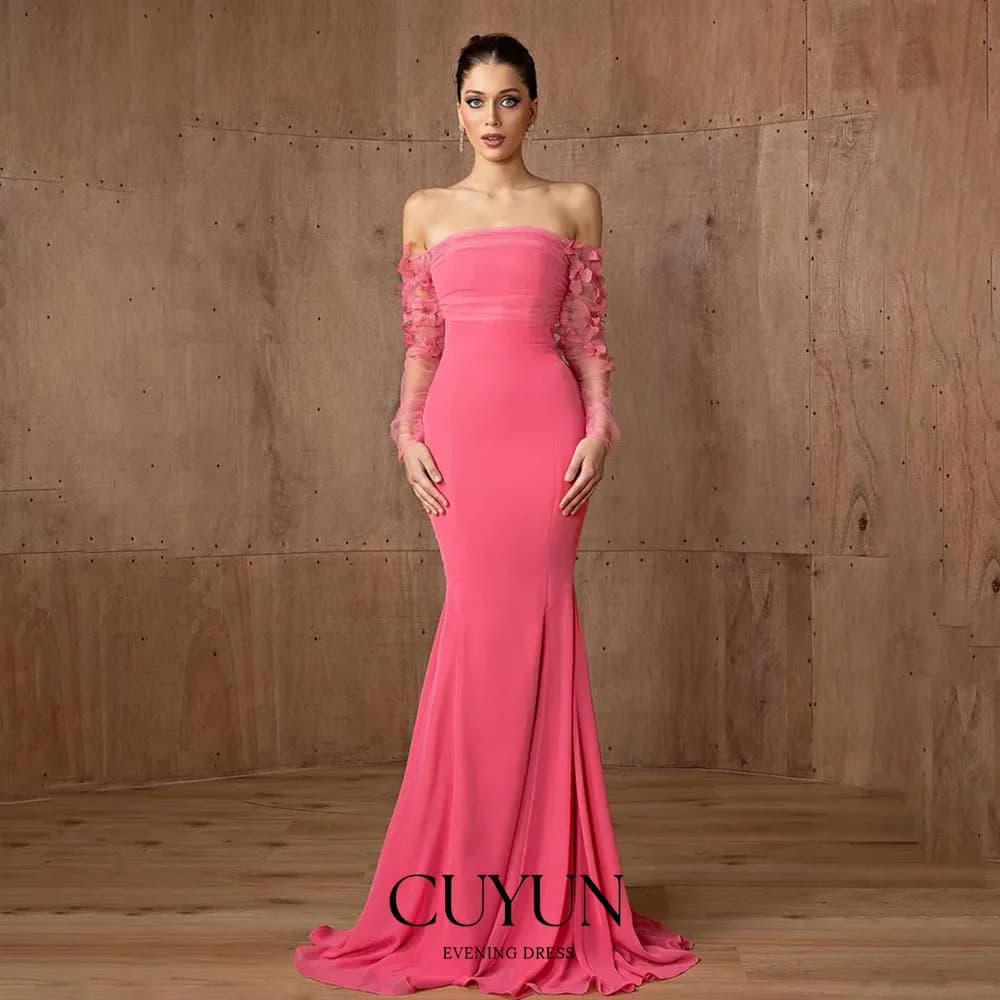 CUYUN Personalizzato Sirena Rosa Abito Da Sera 2026 Maniche Lunghe Fiori 3D Donne Abito Del Partito di Nozze Elegante Formale Lungo Abito di Promenade