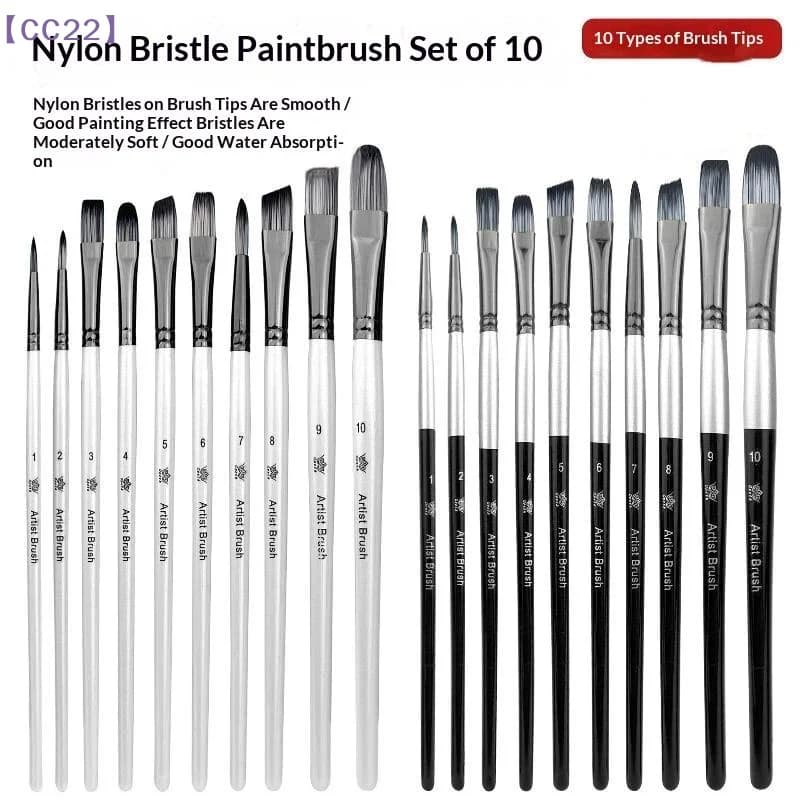 （CC22）Set Of 10 Professional Paint Brushes Flat Round Pointed Nylon Hair For Acrylic Oil Watercolor Art Painting Drawing
