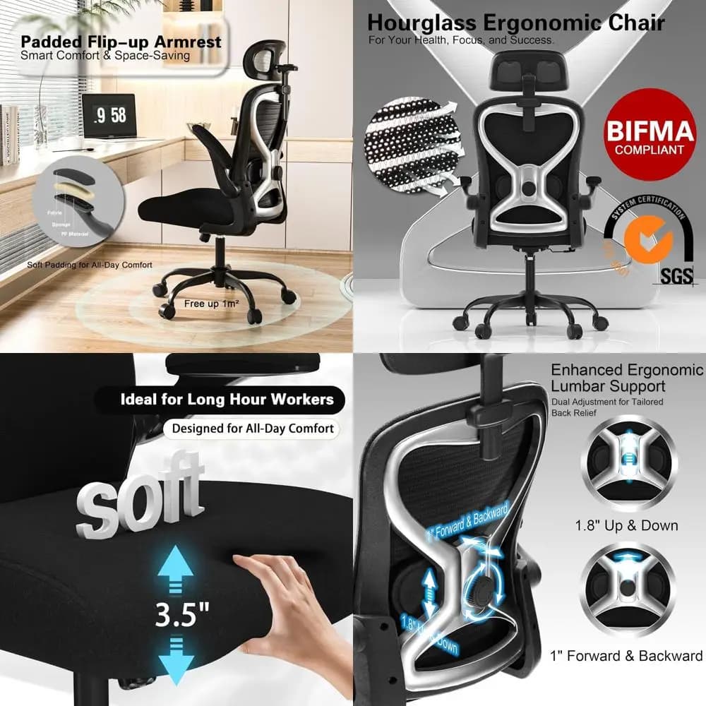 Ergonomic mesh office chair with lumbar support, seat cushion and adjustable armrests, suitable for work at the computer or home office, B