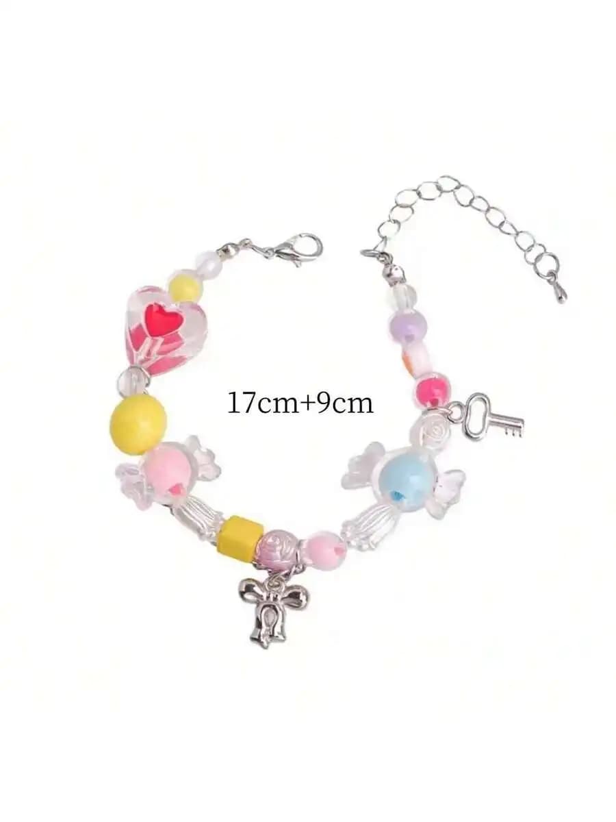 Candy Colored Beaded Bowknot Heart Key Charm Necklace And Bracelet Set For Women