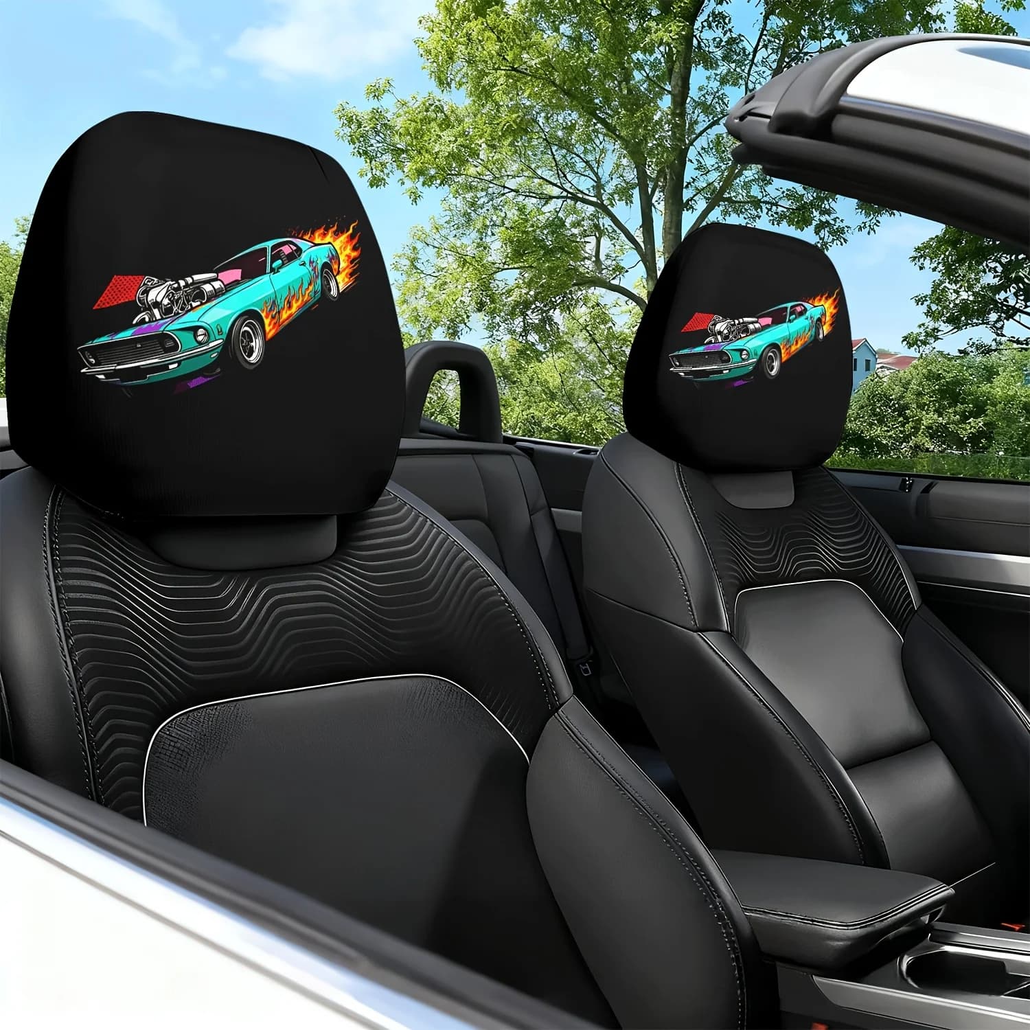 2 Pezzi Copri Poggiatesta Auto con Stampa Tema Fiamma, Cuscino per Sedile Auto, Copri Poggiatesta e Cuscino per Collo - con Design Carino - Accessori Interni Auto