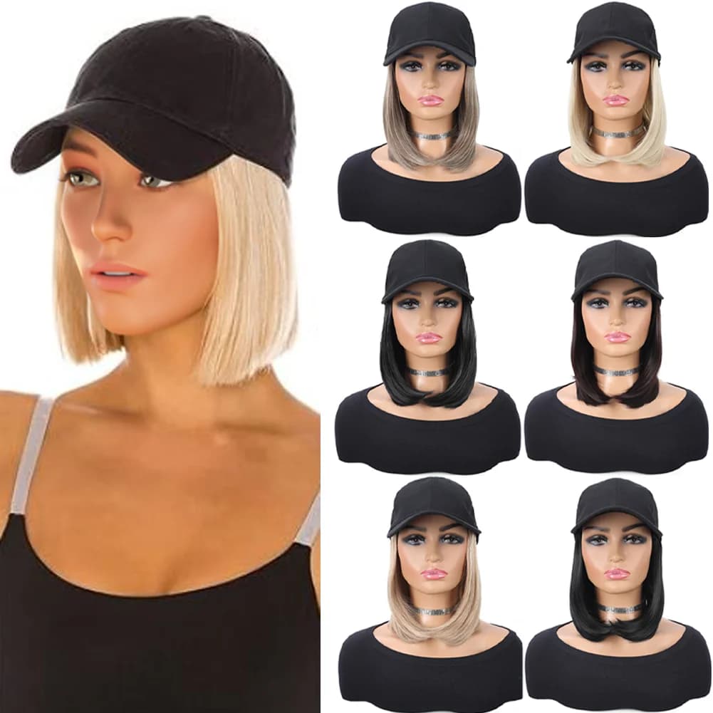 Berretto da baseball con estensioni dei capelli sintetici Acconciatura corta dritta Bob Parrucca rimovibile regolabile Cappello da 10 pollici per donna ragazza