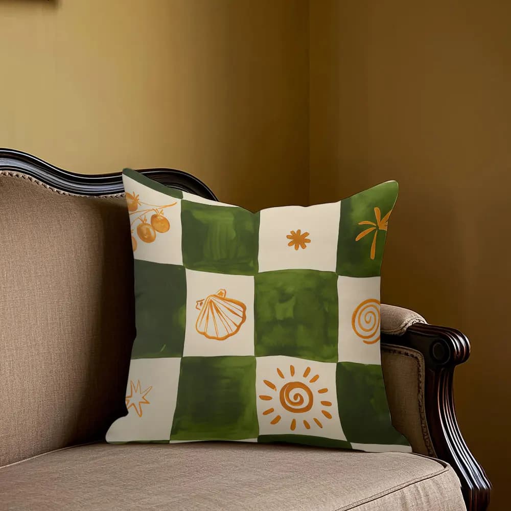 Fodera per cuscino jacquard a quadri verdi e arancioni per divano, cuscino lombare da ufficio, federa decorativa per la casa