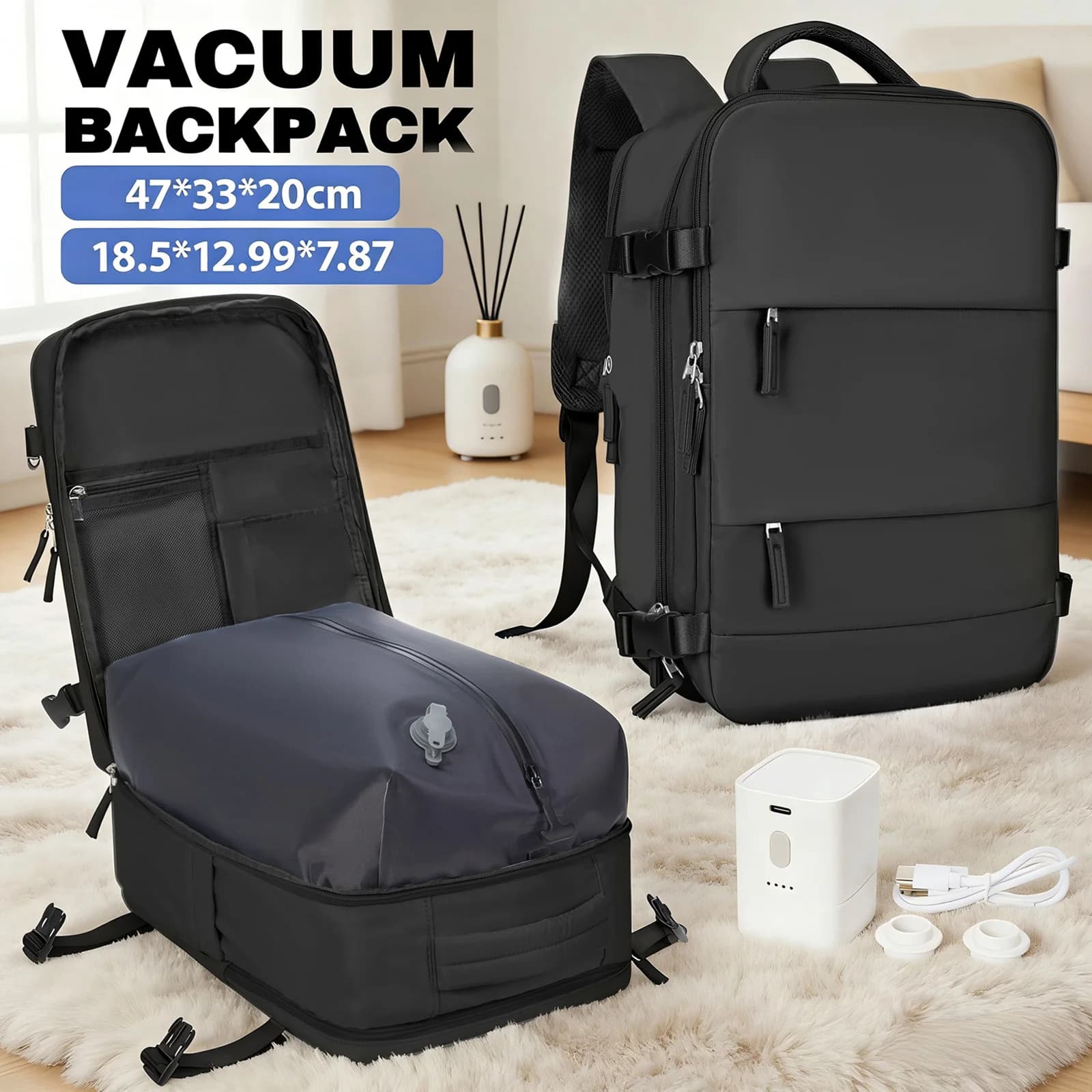 Zaino da Viaggio per Donne e Uomini, Zaino con Compressione Sottovuoto, Bagaglio a Mano Approvato dalle Compagnie Aeree, Borsa per Laptop, Sacca Sottovuoto