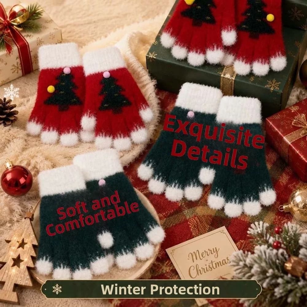 Red Green Christmas Gloves Knitted Woolen Elastic Wrist Winter Knit Mittens Double Colored Soft Texture Touchscreen Full Finger