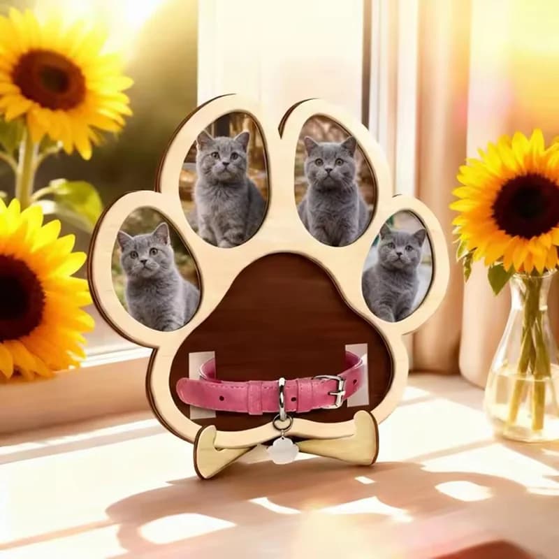 Wooden Pet Paw Photo Frame Dog Cat Collar Holder Memorial Picture Stand Pet Keepsake Bedroom Table Decor Ornament Gift