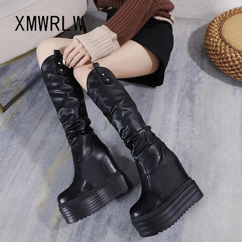 XMWRLW PU Pelle Donna Autunno Inverno Stivale alto al ginocchio Moda Suola spessa Scarpe con plateau da donna Stivali alti invernali Scarpe con suola in gomma