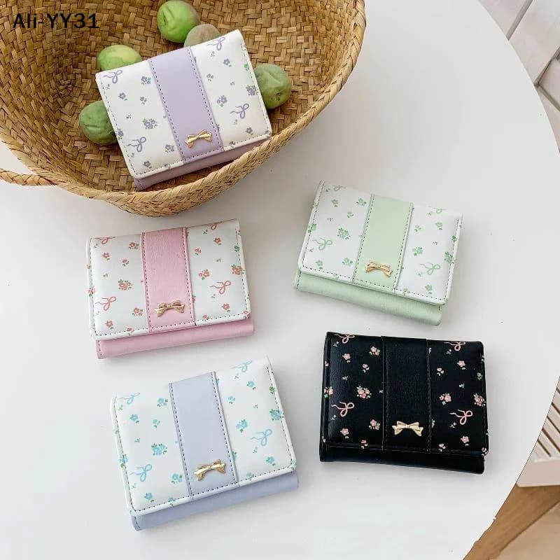 【Y3】Cute Floral Print Faux Leather Wallet With Gold Bow Deco And Multiple Card Slots Perfect For Girls Daily Use Travel