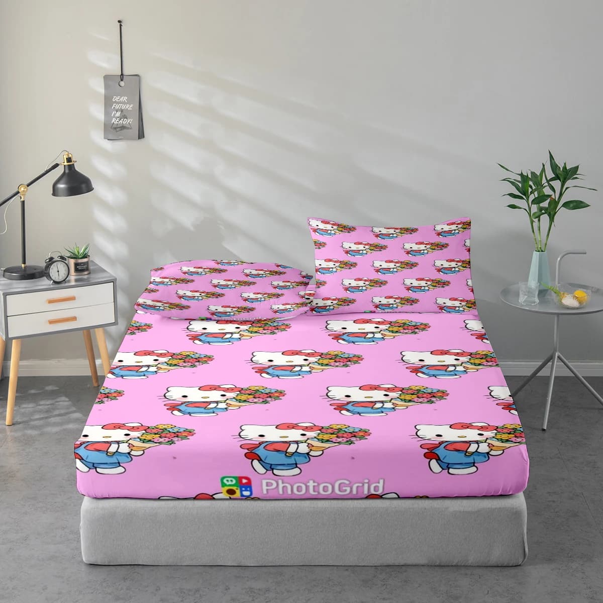 Set di lenzuola con stampa digitale ad alta definizione in 3 pezzi, set di lenzuola con motivo floreale Hello Kitty, set di lenzuola con stampa floreale grande, include 1 lenzuolo con angoli + 1/2 federa, adatto per camera da letto, camera degli ospiti, decorazione domestica, lenzuolo con angoli in fibra di poliestere + federa, biancheria da letto ultra morbida, tessuto spesso e ultra morbido, confortevole per tutte le stagioni, lavabile in lavatrice