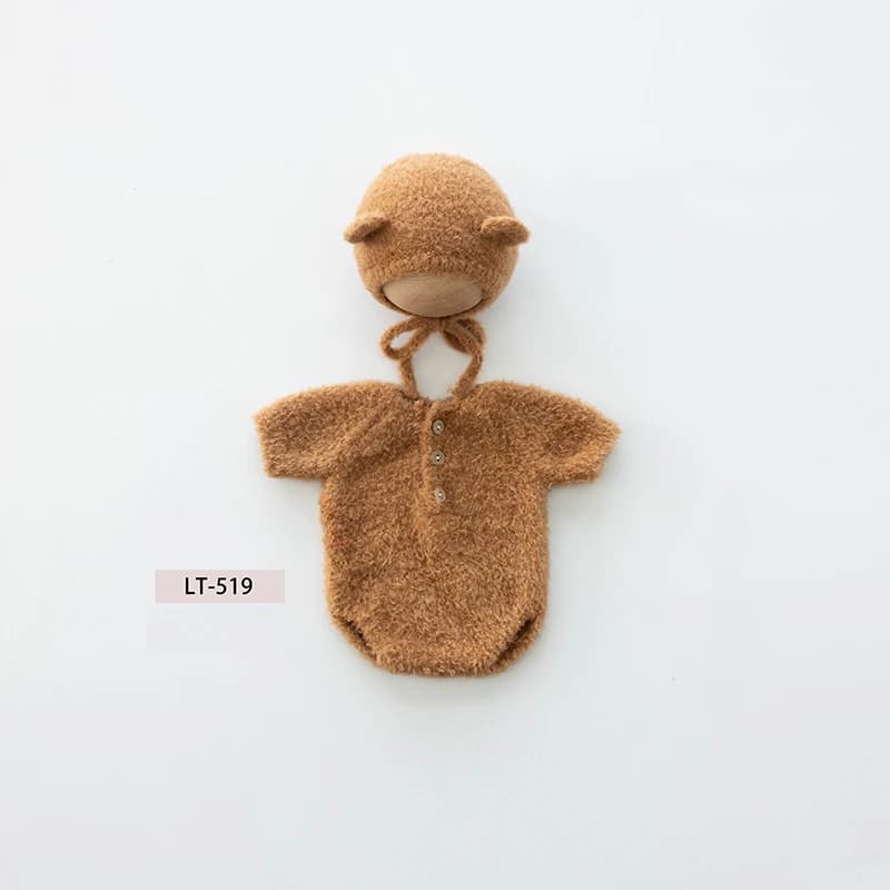 Puntelli per fotografia neonato Abiti da orso lavorati a maglia fatti a mano Costume Body con cappello e set di bambole carine per servizio fotografico in studio per bambini
