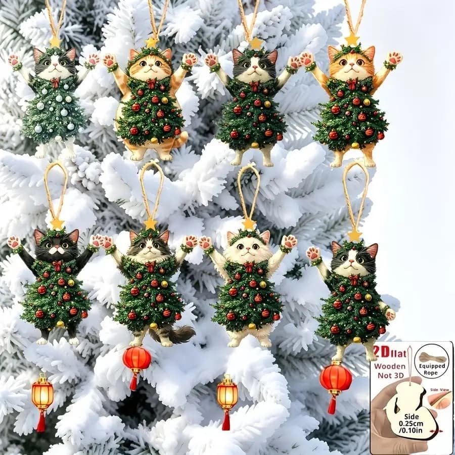 1/5/10/20/50/100pcs 2D Plan, 2D Plan [Hanging Decorations] Christmas Decorations Featuring 8 Cute Cats, Perfect for Trees, Windo