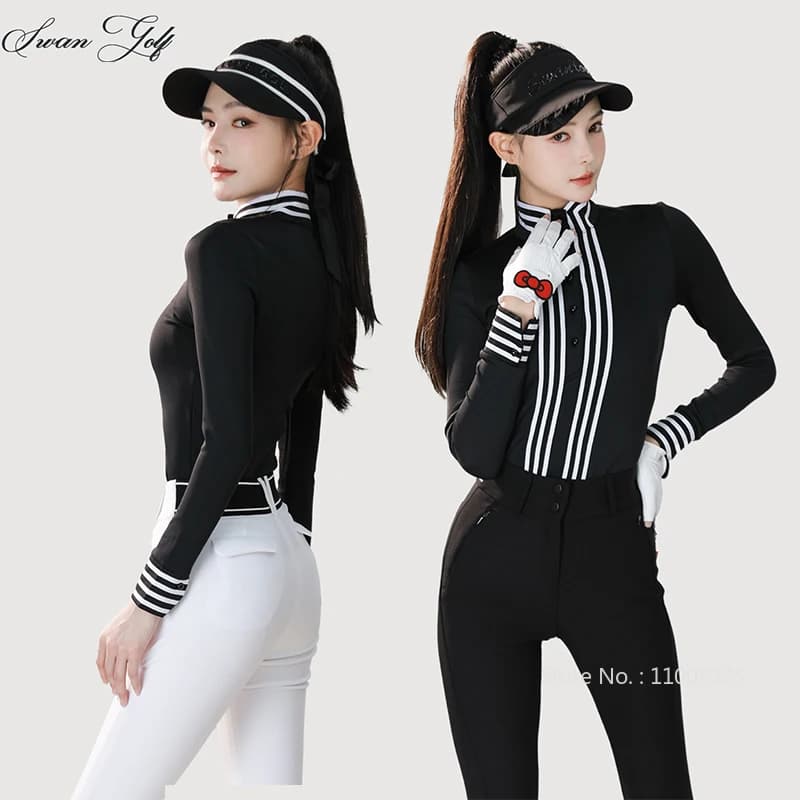 SG Autunno Inverno Donna Slim Golf Top T-shirt a maniche lunghe a righe da donna Camicie da golf sportive antivento calde da donna Collo alto