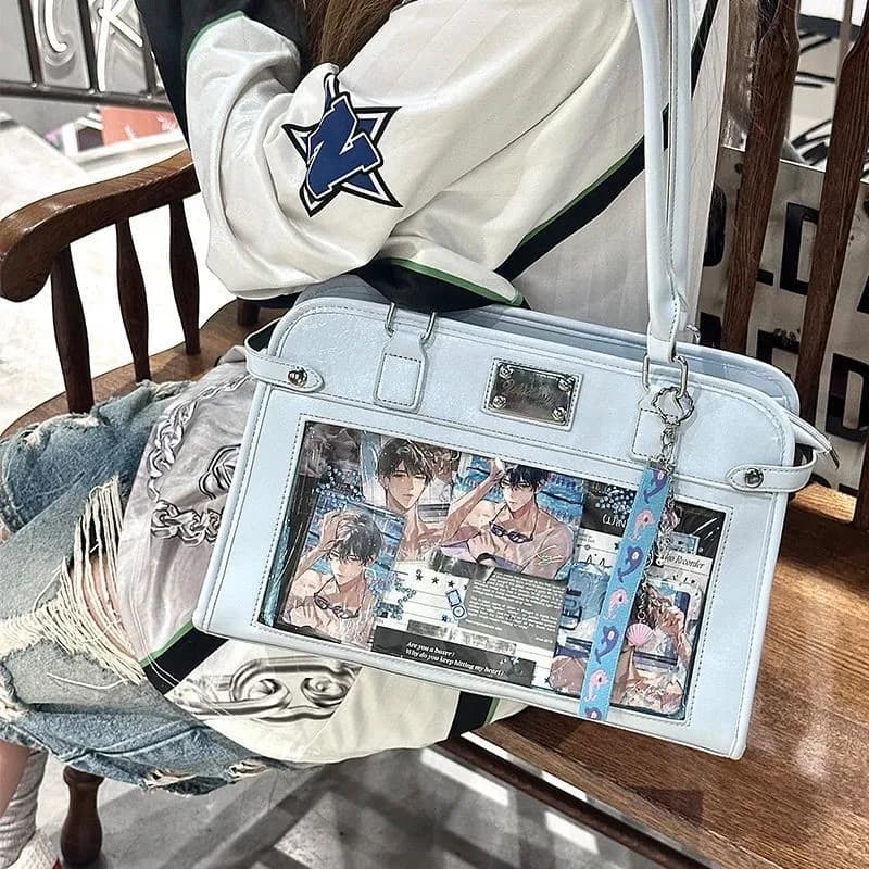 Japanese Retro Silver Decal Handbag Women Harajuku Large Capacity Square Shoulder Bags Ladies Transparent Anime Y2k Ita Bag 2025