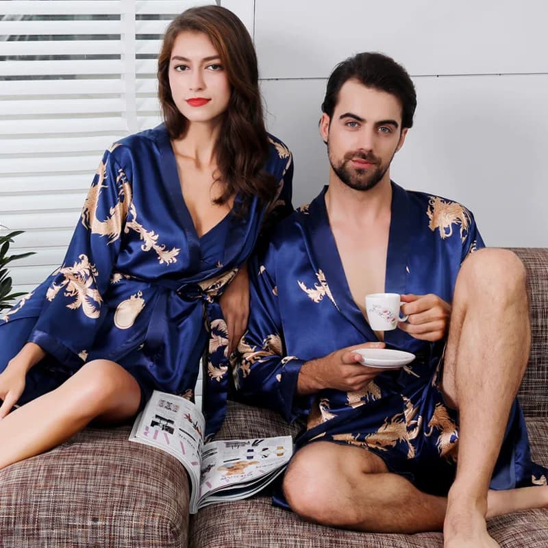 Big Size 2PCS Kimono accappatoio abito coppia Sleepwear Home Wear stampa camicia da notte in raso donna Slip Nighty Dress uomo Robe Loungewear