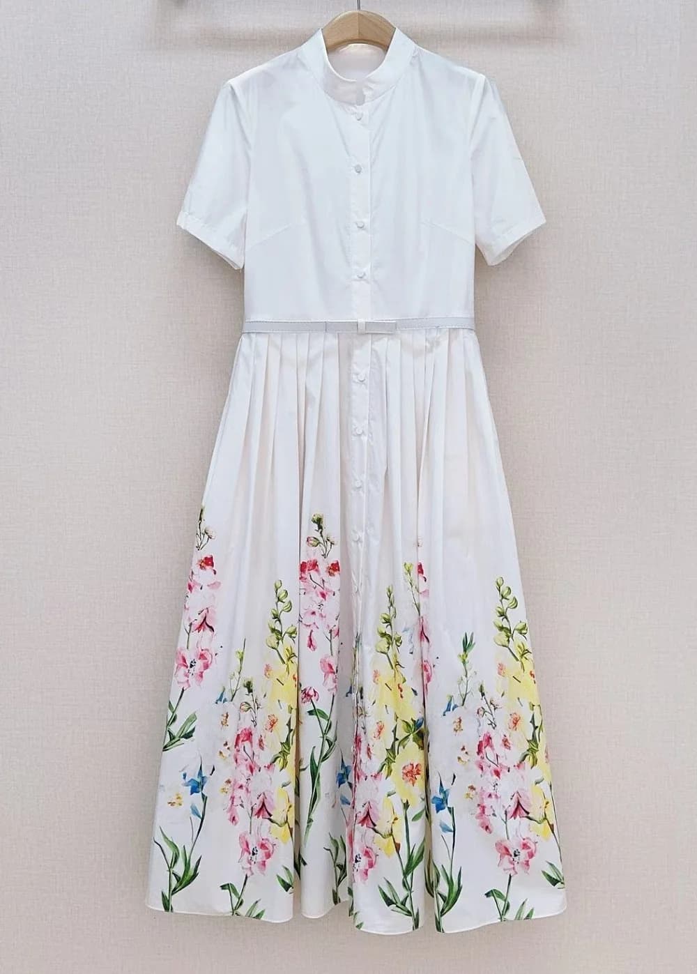 100%Cotton Long Dress 2026 Summer Fashion Women Colorful Floral Print Pocket Belt Patchwork Short Sleeve Long White Maxi Dress