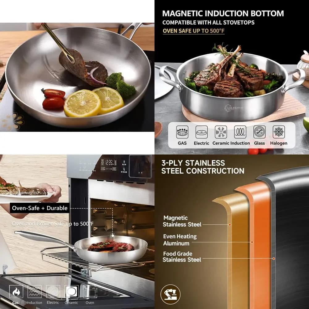 3 piece stainless steel pots set: 1 pan, 8-10 frying pans, suitable for induction and oven