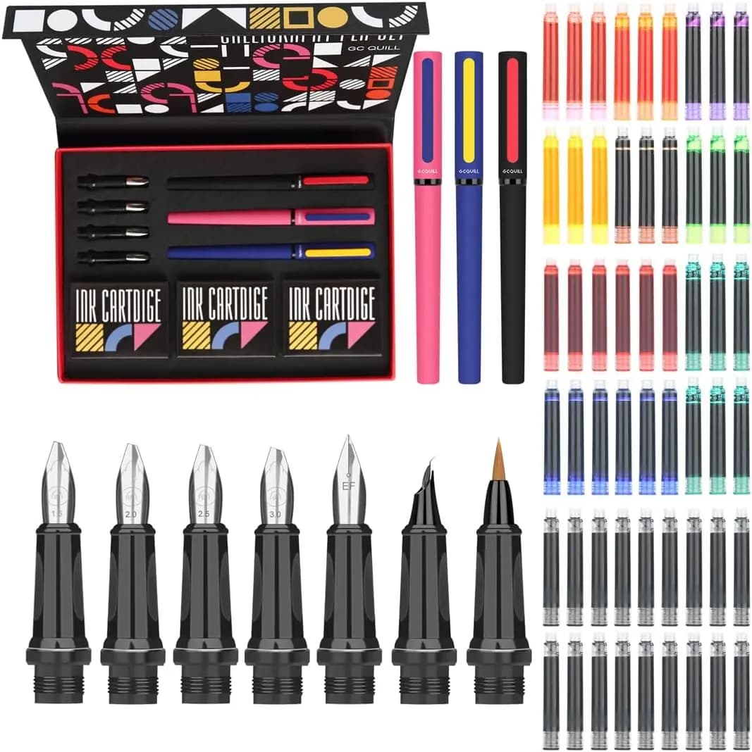 Calligraphy Pens Set 64pcs - Calligraphy Fountain Pen Set with 3 Fountain Pens 7 Varied Nibs, 54 Ink Cartridges(10 Colors)