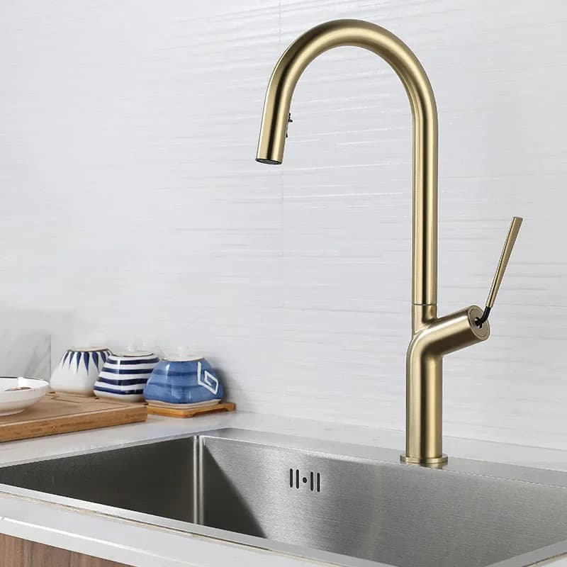 Brushed Gold/Gray Pull Out Kitchen Sink Faucet Brass Deck Mounted Stream Sprayer Hot And Cold Water Mixer Sink Faucet