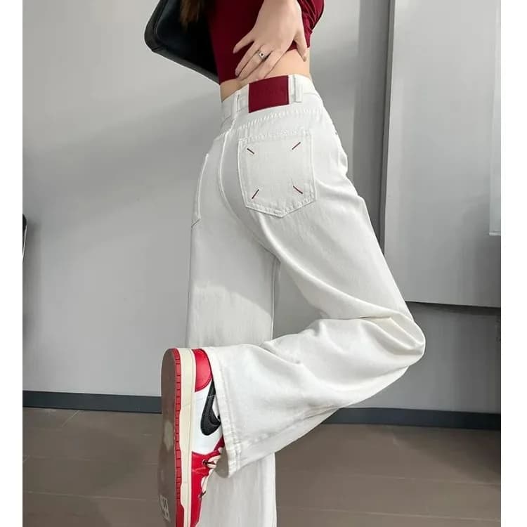 White Slim Wide Leg Jeans Women's High Waist Straight Cut Loose Fit Casual Denim Pants Autumn 2025 Fashion Design