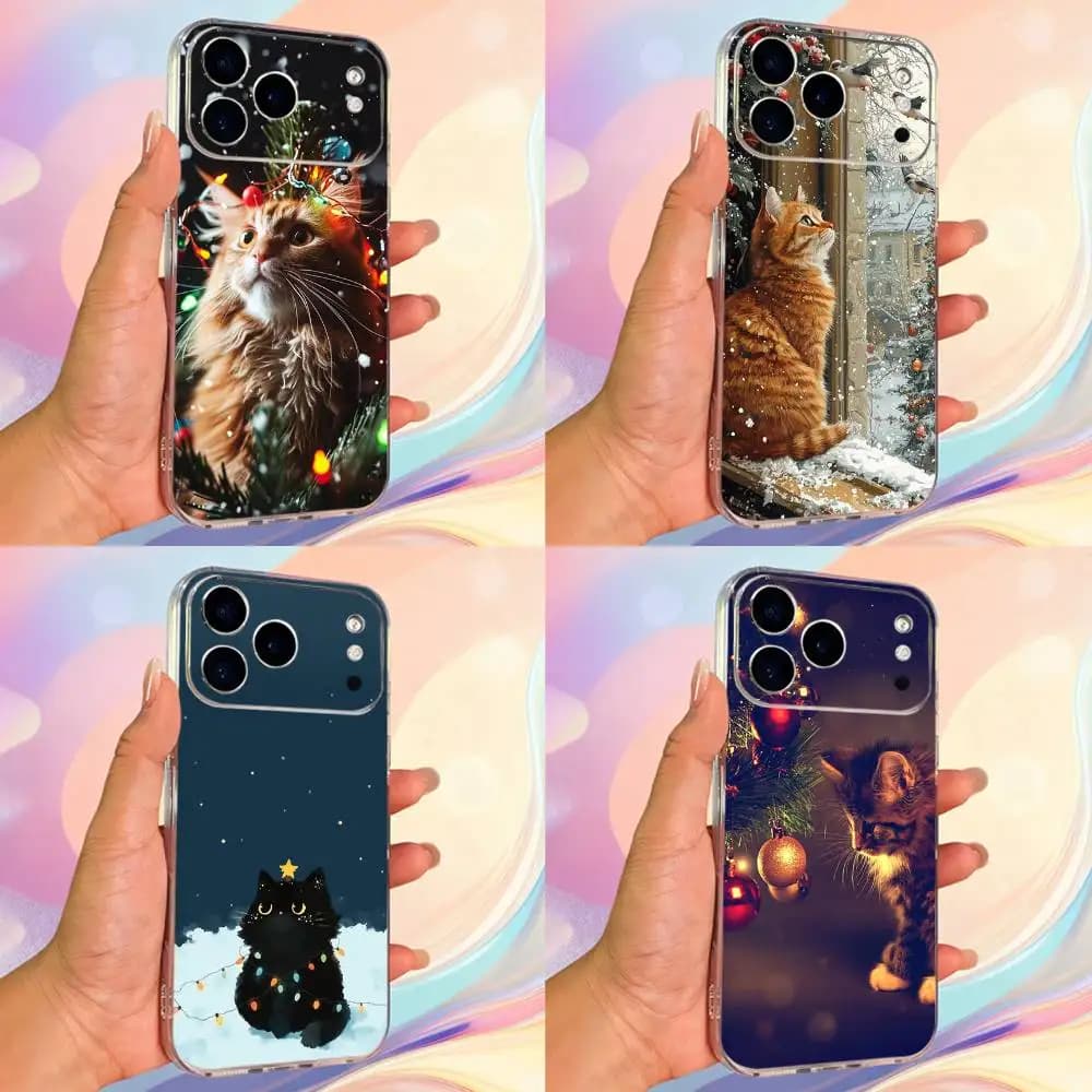 Cover Trasparente Morbida per iPhone con Gatto Natalizio, Compatibile con Modelli 14, 13, 12, 15, Pro, Max, Plus, 11, 17, 16, X, XS, XR, SE, Mini