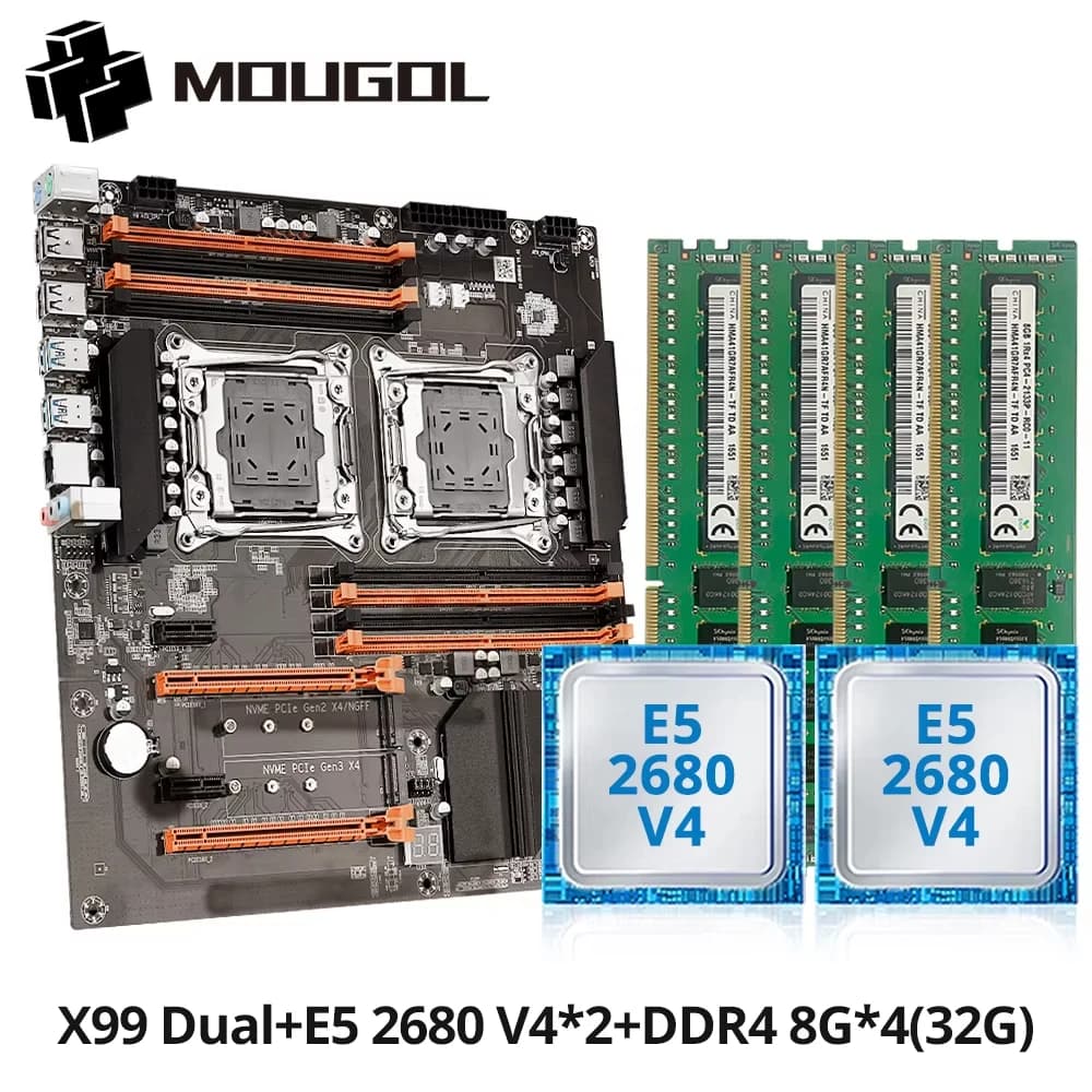 MOUGOL X99 Kit scheda madre da gioco doppia CPU lntel Xeon E5 2680 V4 e DDR4 32 GB (4*8 GB) LGA2011-3 M.2 NVME per host computer desktop