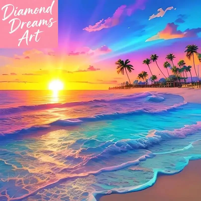 Kit Pittura Diamante 5D Senza Cornice, Paesaggio Spiaggia al Tramonto, Decorazione Casa Fai da Te per Principianti e Adulti, Tela con Diamanti Rotondi Completi