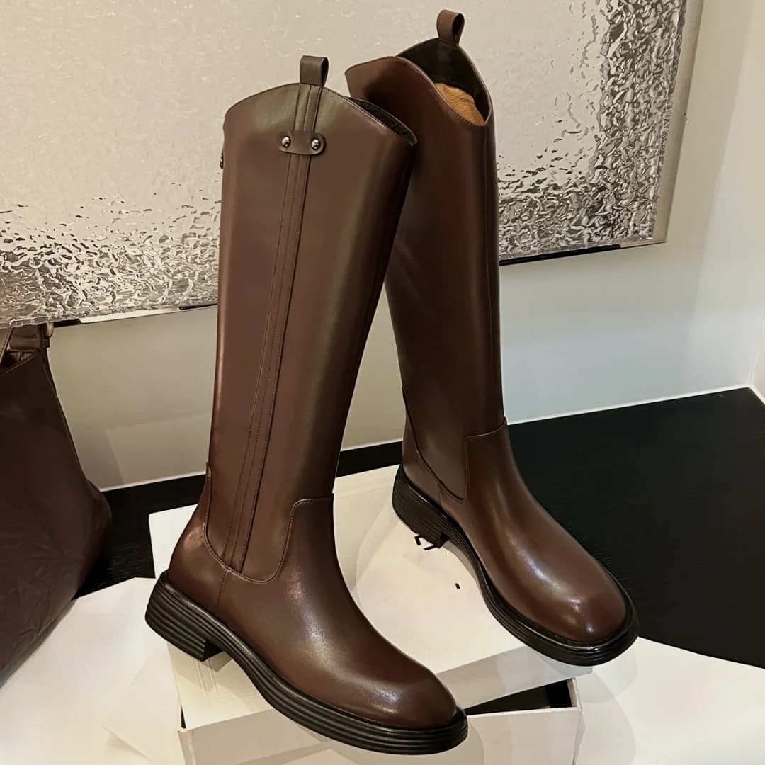 Women's Genuine Leather Shoes with Round Toe and Back Zip, Autumn High Knee Boots, Casual, Soft and Comfortable, Long Boots