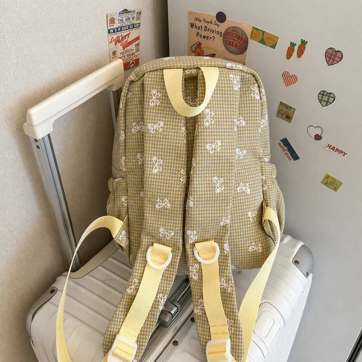 Zaino con coulisse coreano decorato con fiocco, borsa scolastica coreana, zaino casual a quadri per studenti universitari