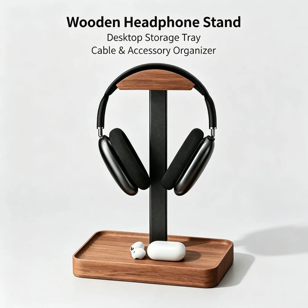 Solid Wood Headphones Stand Space Saving with Storage Base Gaming Headset Holder Multifunctional Desktop Bracket Display Shelf