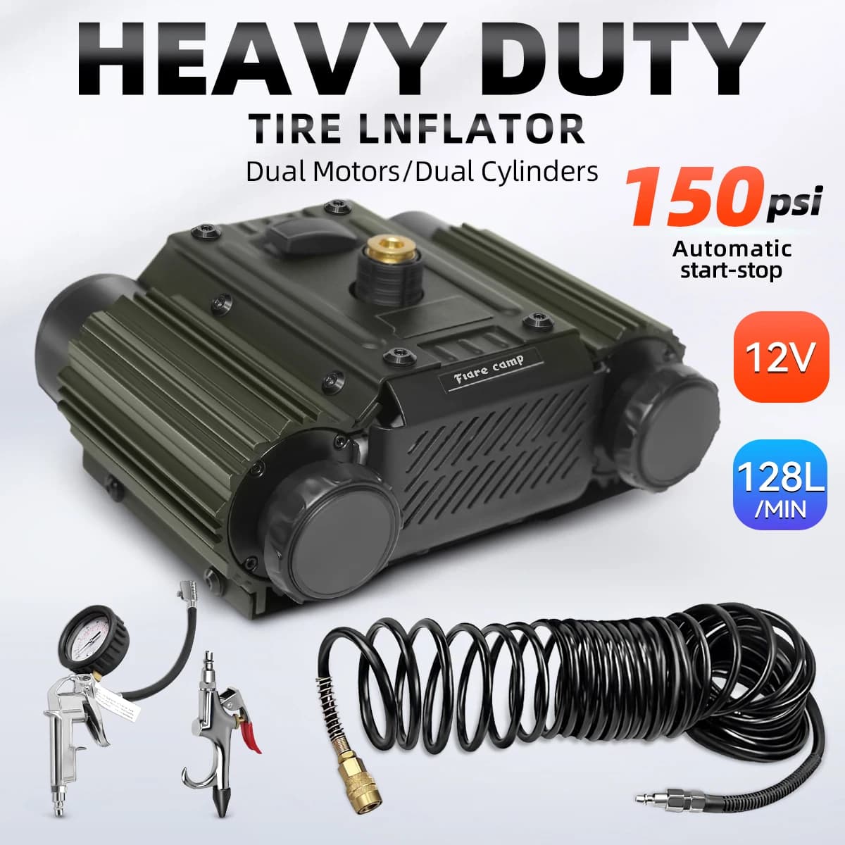 Compressore d'aria K500 con doppio motore e cilindro, gonfiatore pneumatici fuoristrada 4x4 per impieghi gravosi, compressore d'aria automatico (Super Produttore)