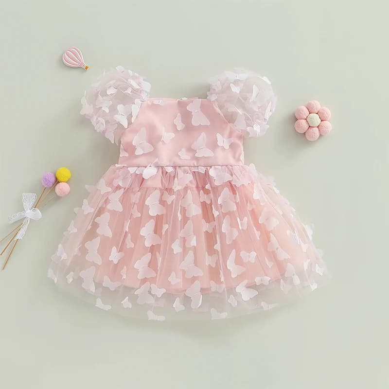 VISgogo neonate principessa a-line Dress manica a sbuffo Tulle abito a strati 3D Flower Butterfly Party compleanno battesimo Dress