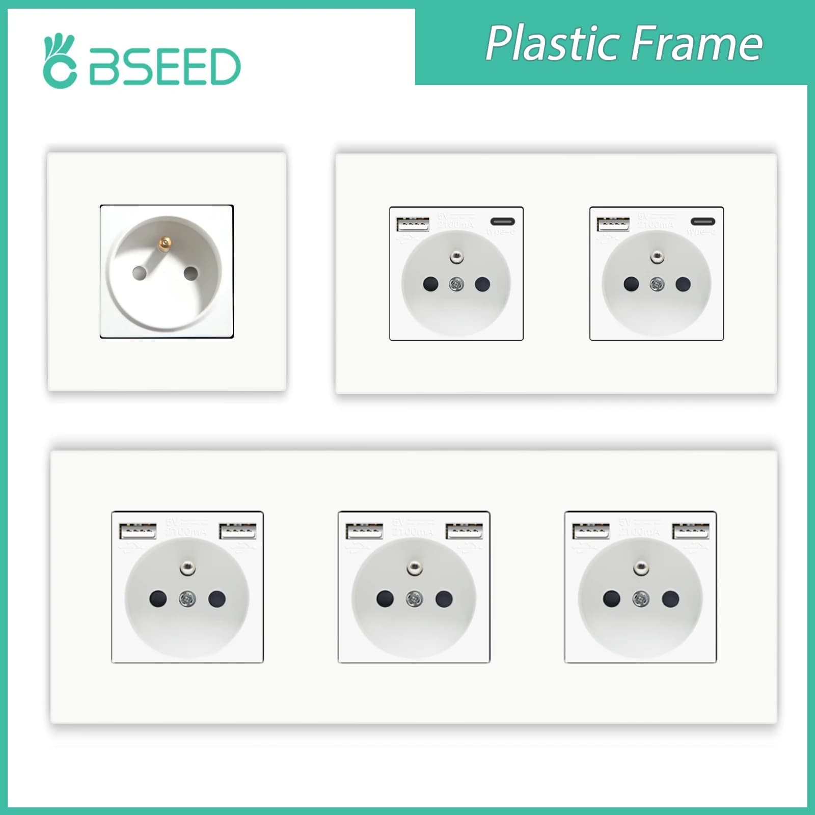 Prese francesi BSEED Telaio in plastica Prese a muro per ricarica telefono USB Polonia Tipo-c Porta spina di alimentazione Prese a parete 5V 2.1A