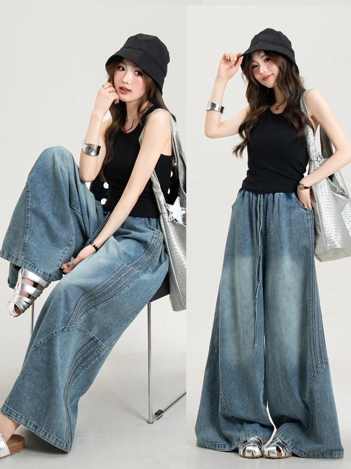 MS Original Salt-Washed Vintage Blue Striped Patchwork Jeans Women's Spring Summer Loose Casual Wide Leg Straight Cut Pants