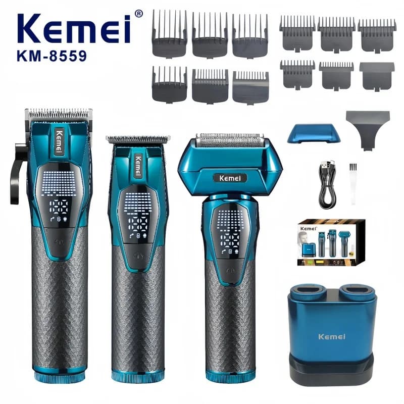 Kemei KM-8559 Kit tagliacapelli professionale, design a batteria staccabile, display digitale a LED, rasoio per tagliacapelli di livello salone combinato