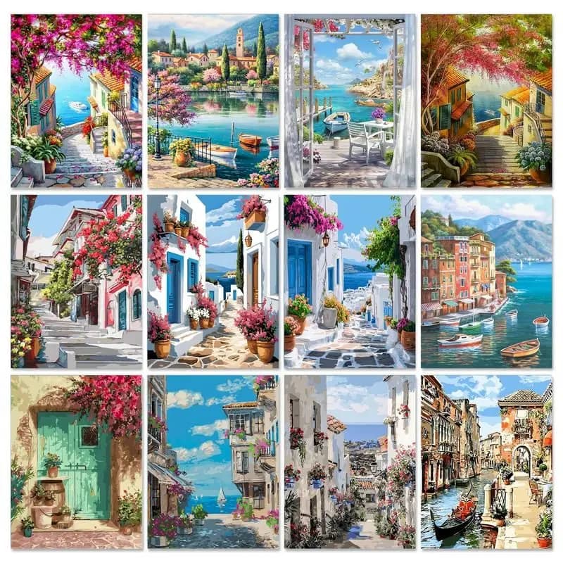 60X75cm Paint By Numbers For Adults Seaside Town DIY HandPainted Oil Painting Landscape Picture Home Wall Decor Gift