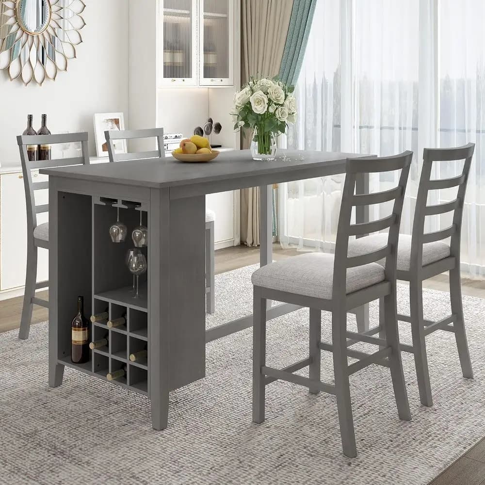 Set da Pranzo Grigio a 5 Pezzi con Vano Portabottiglie e Portabicchieri per Cucina e Sala da Pranzo